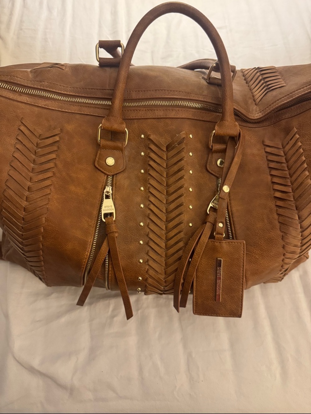 Steve Madden Tan Woven-Accent Tote with Gold Hardware